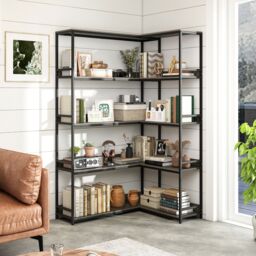 Gymax 5-Tier L-Shaped Bookcase 180cm Tall Corner Display Shelf Metal Frame in Light Oak - thumbnail 3