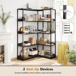 Gymax 5-Tier L-Shaped Bookcase 180cm Tall Corner Display Shelf Metal Frame in Light Oak - thumbnail 9