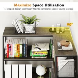 Gymax 5-Tier L-Shaped Bookcase 180cm Tall Corner Display Shelf Metal Frame in Light Oak - thumbnail 7