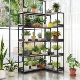 Gymax 5-Tier L-Shaped Bookcase 180cm Tall Corner Display Shelf Metal Frame in Light Oak - thumbnail 5