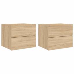 Berkfield Home Wall-mounted Bedside Cabinets with LED Lights 2 pcs Sonoma Oak in Brown - thumbnail 1
