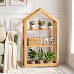 Costway 2-Tier Wood Plant Stand 75 cm House-Shaped Corner Flower Shelf in Natural - thumbnail 4