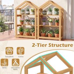 Costway 2-Tier Wood Plant Stand 75 cm House-Shaped Corner Flower Shelf in Natural - thumbnail 8