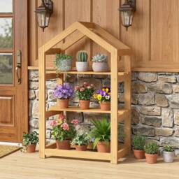 Costway 2-Tier Wood Plant Stand 75 cm House-Shaped Corner Flower Shelf in Natural