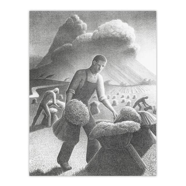 "Artery8 Approaching Storm in Wheat Field Grant Wood Wall Art Poster Print in Grey - Size: W12"" x H16""" - image 1