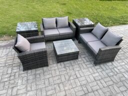 Fimous Outdoor Rattan Garden Furniture Set Conservatory Patio Sofa Coffee Table Set with Chair 2 Side Tables Dark Grey Mixed - thumbnail 1