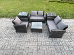 Fimous Outdoor Rattan Garden Furniture Set Conservatory Patio Sofa Coffee Table Set with Chair 2 Side Tables Dark Grey Mixed - thumbnail 2