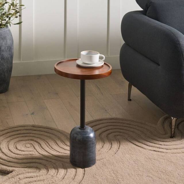 Wyld and Coco Round Side Table - Brown Mango Wood Top Black Marble Base - image 1
