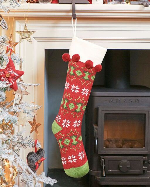 Dibor Set of 4 Knitted Red Fair Isle Pompom Xmas Gift Christmas Stocking - Size: 4 Pack - image 1