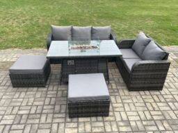 Fimous PE Wicker Outdoor Rattan Garden Furniture Set Propane Gas Fire Pit Table & Sofa set with 2 Big Footstool in Dark Grey - thumbnail 3