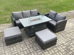 Fimous PE Wicker Outdoor Rattan Garden Furniture Set Propane Gas Fire Pit Table & Sofa set with 2 Big Footstool in Dark Grey - thumbnail 1