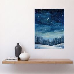 "Artery8 Wall Art Print Clear Sky Starry Night in Forest Covered with Snow Oil Painting Crescent Moon Winter Landscape Poster - Size: W18"" x H24""" - thumbnail 2