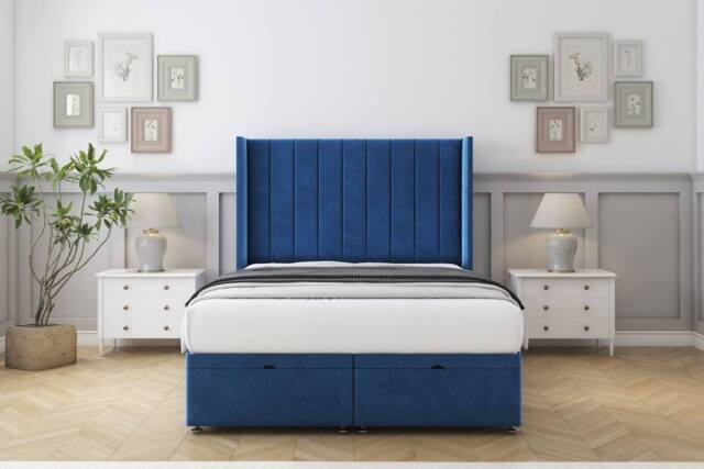 "Comfort Beds Palermo Plush Ottoman Bed Base-54"" Wingback Headboard in Navy - Size: Double" - image 1