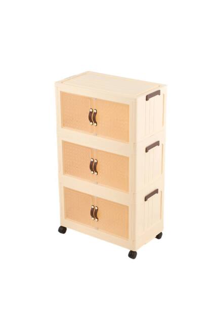Living and Home Foldable 3-Tier Rolling Storage Cabinet with Magnetic Doors in Cream - image 1