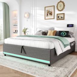 Merax 5ft King Hydraulic Storage Bed with LED, Charging Station, Side Pocket in Grey - thumbnail 5