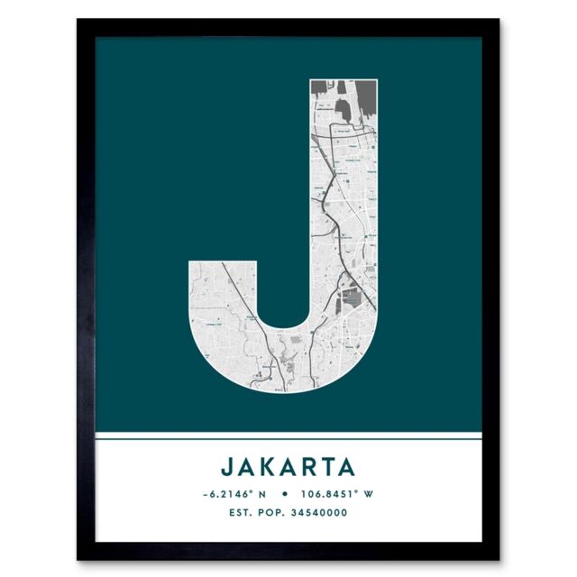 "Wee Blue Coo Wall Art Print Jakarta Indonesia City Map Modern Typography Stylish Letter Framed Word in Teal - Size: W12"" x H16""" - image 1