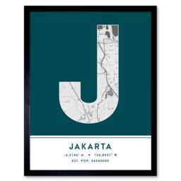 "Wee Blue Coo Wall Art Print Jakarta Indonesia City Map Modern Typography Stylish Letter Framed Word in Teal - Size: W12"" x H16""" - thumbnail 1