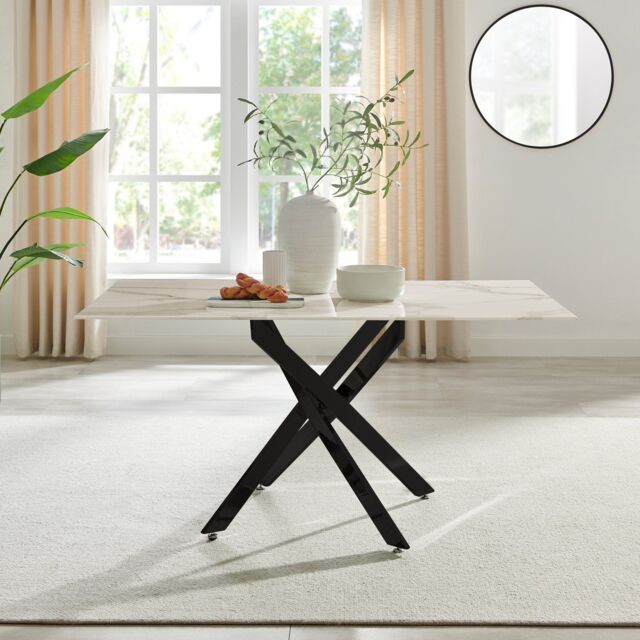 FurnitureboxUK Leonardo 6-Seater Dining Table With Marble Effect Glass Top & Black Metal Legs in White - image 1