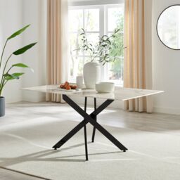 FurnitureboxUK Leonardo 6-Seater Dining Table With Marble Effect Glass Top & Black Metal Legs in White - thumbnail 2