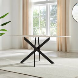 FurnitureboxUK Leonardo 6-Seater Dining Table With Marble Effect Glass Top & Black Metal Legs in White - thumbnail 3
