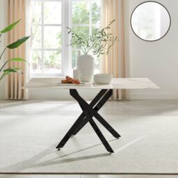 FurnitureboxUK Leonardo 6-Seater Dining Table With Marble Effect Glass Top & Black Metal Legs in White - thumbnail 1