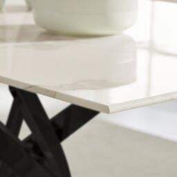 FurnitureboxUK Leonardo 6-Seater Dining Table With Marble Effect Glass Top & Black Metal Legs in White - thumbnail 4