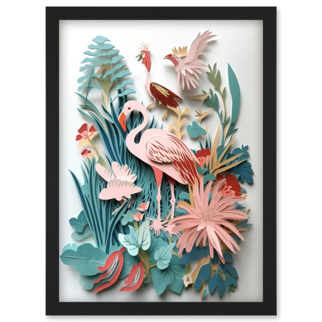 Artery8 Tropical Plants & Birds Multi-Dimensional Paper Kirigami Art Print Artwork Framed Wall Art Print A4 in Black - image 1