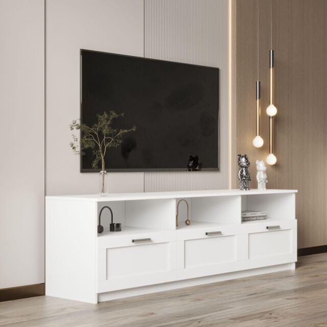 Home Source White TV Floor Stand 3 Drawer Modern Media Console Living Room Storage - image 1