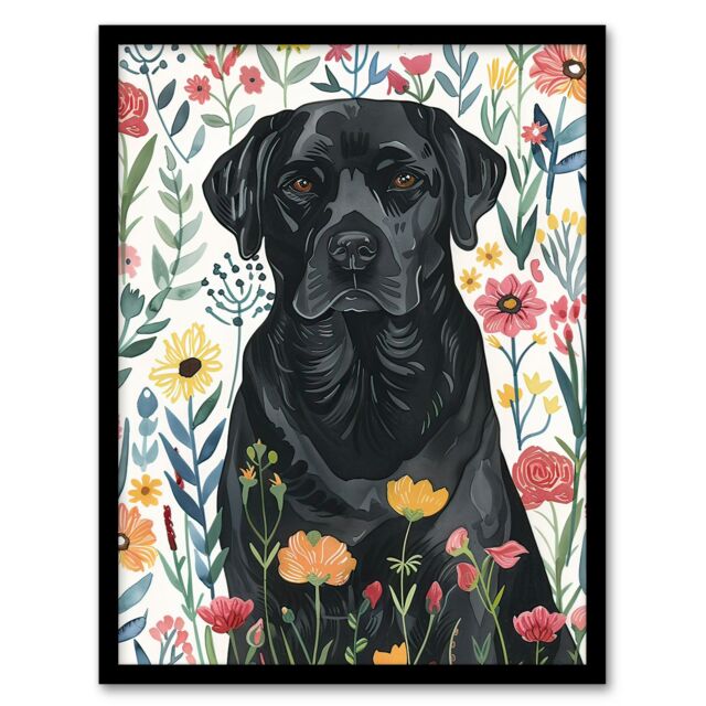 "Artery8 Dog Lover Black Labrador in Wildflower Field Framed Wall Art - Size: W12"" x H16""" - image 1