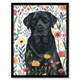 "Artery8 Dog Lover Black Labrador in Wildflower Field Framed Wall Art - Size: W12"" x H16""" - thumbnail 1