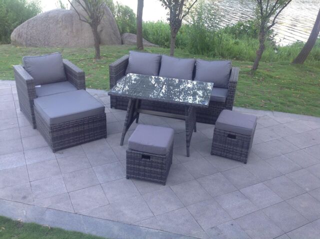 Fimous Dark Mixed Grey Rattan Garden Outdoor Sofa Set Chair Rectangular Dining Table Big Footstool in Dark Grey - image 1