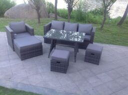 Fimous Dark Mixed Grey Rattan Garden Outdoor Sofa Set Chair Rectangular Dining Table Big Footstool in Dark Grey - thumbnail 1