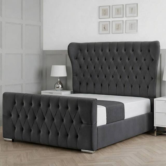 Living Comfort Bedz Velvetine Plush Velvet Upholstered Bed Slatted Base - 48Inch Headboard in Charcoal - Size: Small Double - image 1
