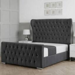 Living Comfort Bedz Velvetine Plush Velvet Upholstered Bed Slatted Base - 48Inch Headboard in Charcoal - Size: Small Double - thumbnail 1