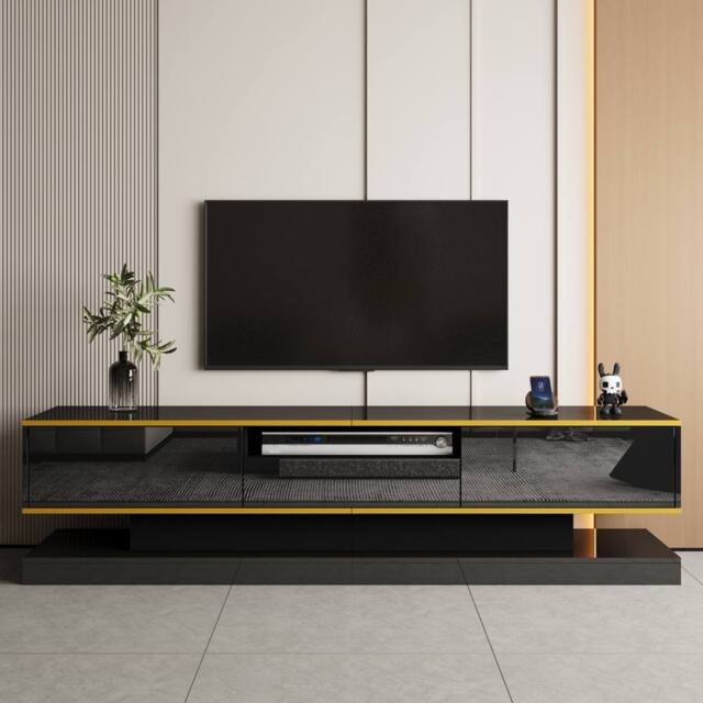 Merax 180cm High Gloss TV Cabinet with 3 Drawers & LED in Black - image 1