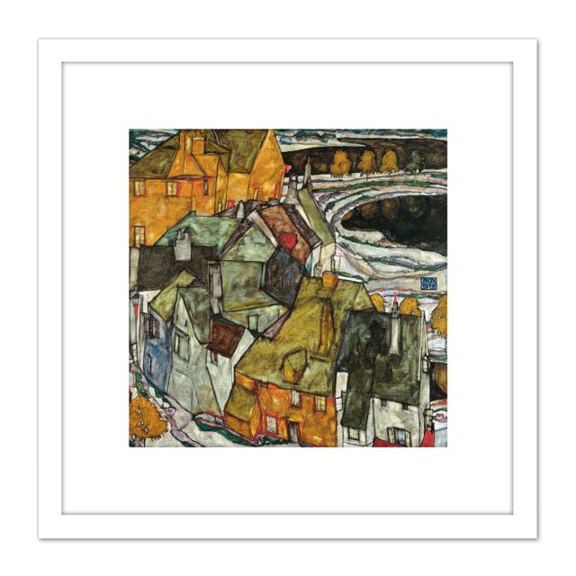Artery8 Egon Schiele Crescent Of Houses II Island Town Cropped 8X8 Inch Square Wooden Framed Wall Art Print Picture with Mount in White - image 1