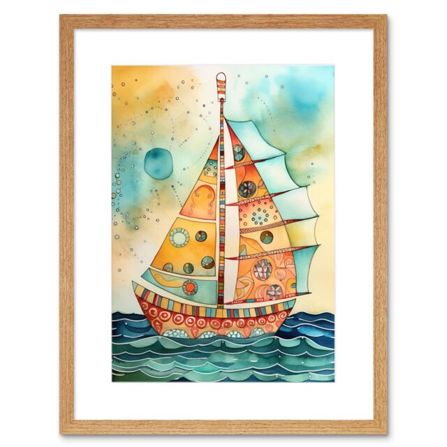 "Artery8 Wall Art Print Sailboat Concept With Dorsal Fin Sail Folk Artwork Framed 9X7 Inch in Beige - Size: W7"" x H9""" - image 1