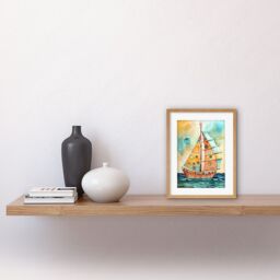 "Artery8 Wall Art Print Sailboat Concept With Dorsal Fin Sail Folk Artwork Framed 9X7 Inch in Beige - Size: W7"" x H9""" - thumbnail 2