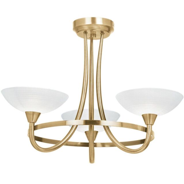 Loops Semi Flush Ceiling Light Antique Brass & White 3 Bulb Hanging Pendant Lamp Shade - image 1