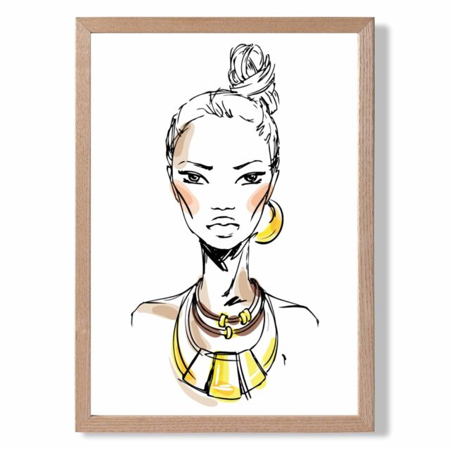 ARTZE Woman Face Pen & Ink Sketch Framed Print SIZE: A3 with Oak Frame in Yellow - Size: A4 - image 1