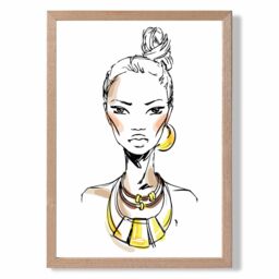 ARTZE Woman Face Pen & Ink Sketch Framed Print SIZE: A3 with Oak Frame in Yellow - Size: A4 - thumbnail 1