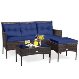 Gymax 3 PCS Patio Conversation Sofa Set With Tempered Glass Coffee Table in Navy