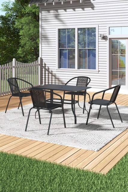 H&O Direct Set of 5 Metal Slatted Outdoor Garden Coffee Table Set in Black