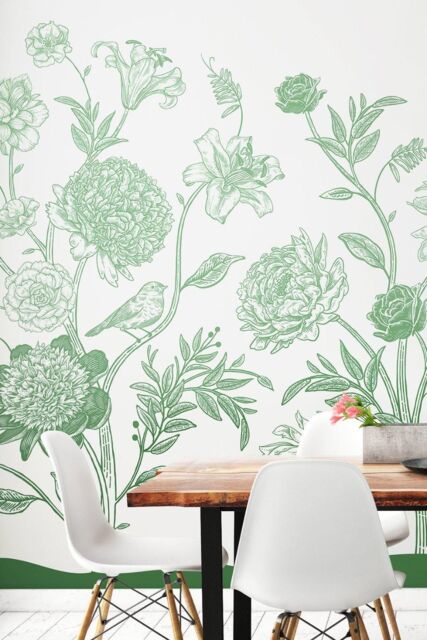 Origin Murals Jacobean Rose Trail Wall Mural in Green - Size: W300 cm x H240 cm - image 1