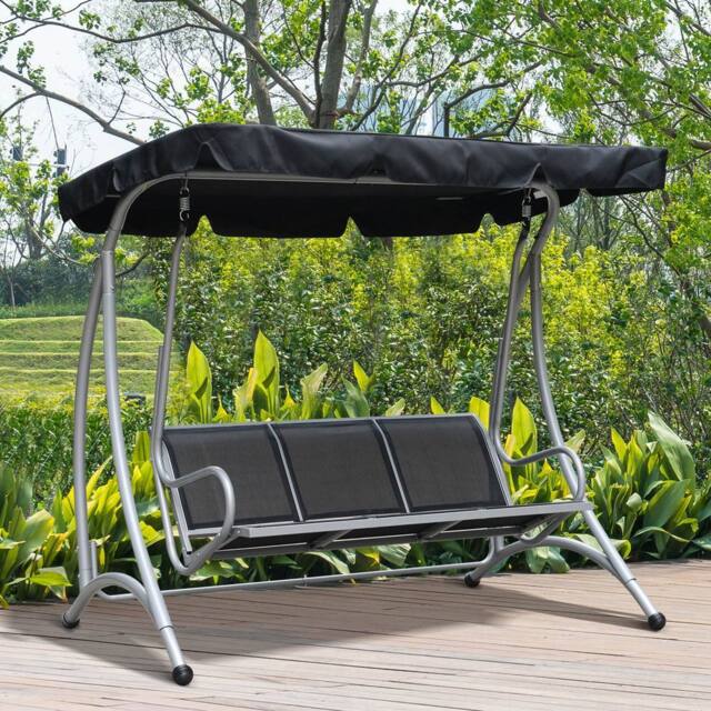 OUTSUNNY 3 Seat Metal Fabric Backyard Balcony Patio Swing Chair with Canopy Top in Black - image 1