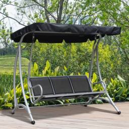 OUTSUNNY 3 Seat Metal Fabric Backyard Balcony Patio Swing Chair with Canopy Top in Black - thumbnail 1