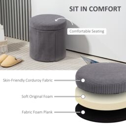 HOMCOM Round Storage Ottoman with Lid, Vanity Stool with Storage in Grey - thumbnail 5