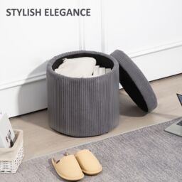 HOMCOM Round Storage Ottoman with Lid, Vanity Stool with Storage in Grey - thumbnail 4