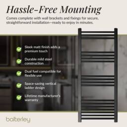 Balterley Straight Heated Towel Rail Radiator, 376W, 500 x 1200mm, Anthracite in Grey - thumbnail 3