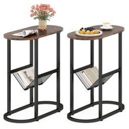 Costway 2PCS Narrow Side Table Modern Faux Marble End Table w/Magazine Holder in Brown